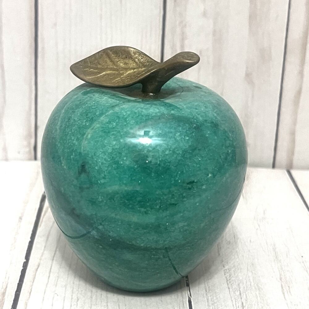 Vintage Alabaster Marble Stone Green Apple Paperweight with Brass Leaf Vintage